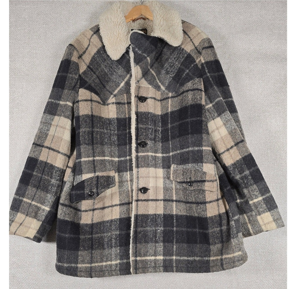 VTG 70s Redwood Sportswear Plaid Sherpa Lined Wool Blend Jacket Sz 52 Extra Long